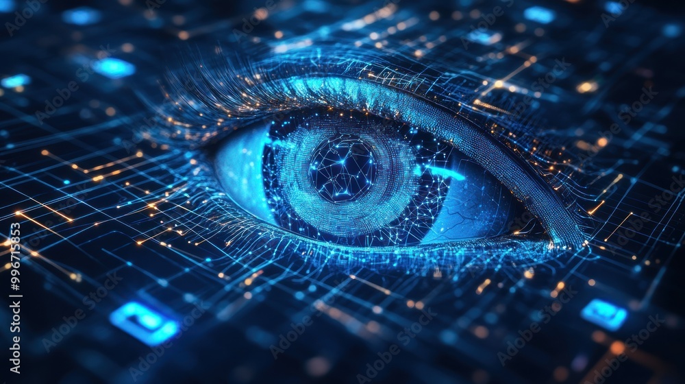 Poster a digital eye surrounded by a network of glowing data points and circuits.