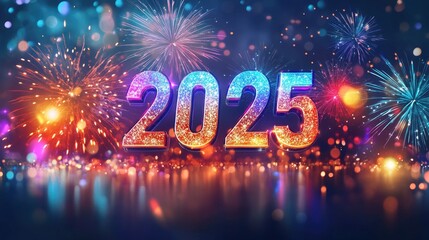 Vibrant Happy New Year 2025 banner with large, shiny "2025" in the center, surrounded by glowing fireworks, with room for text below or on the side.