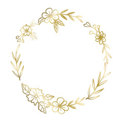 Golden round floral frame hand drawn minimalist botanical wreath
