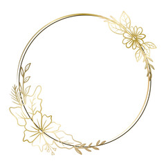 Golden round floral frame hand drawn minimalist botanical wreath