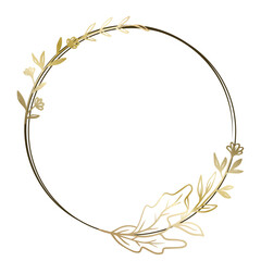 Golden round floral frame hand drawn minimalist botanical wreath