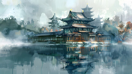 Fototapeta premium Lake Temple building fantasy Watercolor