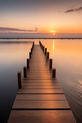 Fototapeta premium Wooden pier extending into sunset waters.