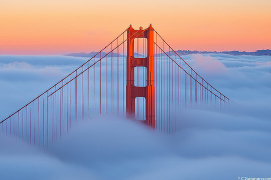 Golden Gate Bridge rises majestically through morning fog, creating stunning visual contrast against soft pastel sky. scene evokes sense of tranquility and wonder