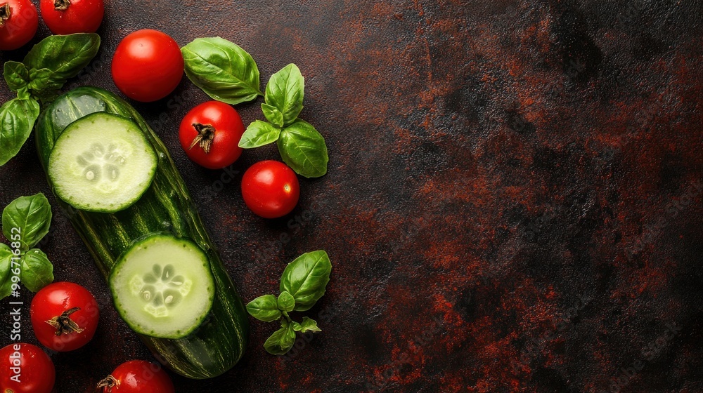 Poster Fresh vegetables including cucumber, cherry tomatoes, and basil on a textured surface.