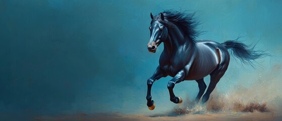 Obraz premium A black horse gallops through sand, its rear legs elevated, wind tangling its mane