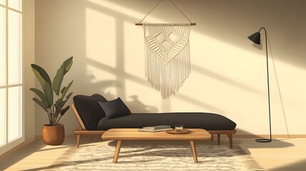Fototapeta premium Cozy and intimate modern living area featuring a deep chaise lounge low profile wooden coffee table macrame wall hanging and a statement floor lamp exuding a relaxed and inviting vibe