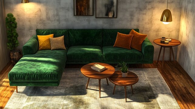 Cozy and intimate mid century inspired living room featuring an oversized forest green velvet sofa wooden side tables and colorful throw pillows