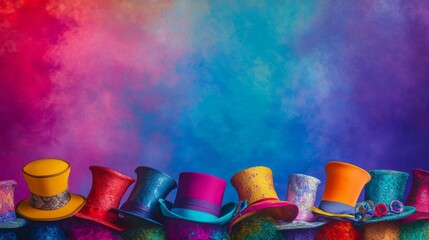 Mad Hatter&acirc;&euro;&trade;s Colorful Hat Collection: A playful banner background of Mad Hatter Day  showcasing an array of the Mad Hatter&acirc;&euro;&trade;s most outrageous hats, each one unique and colorful, 