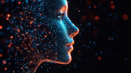 Obraz premium A digitally rendered profile of a woman, showcasing glowing connections and vibrant colors, representing technology and innovation.