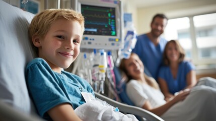 Fototapeta premium A child receiving chemotherapy treatment in a hospital room, with supportive family nearby.