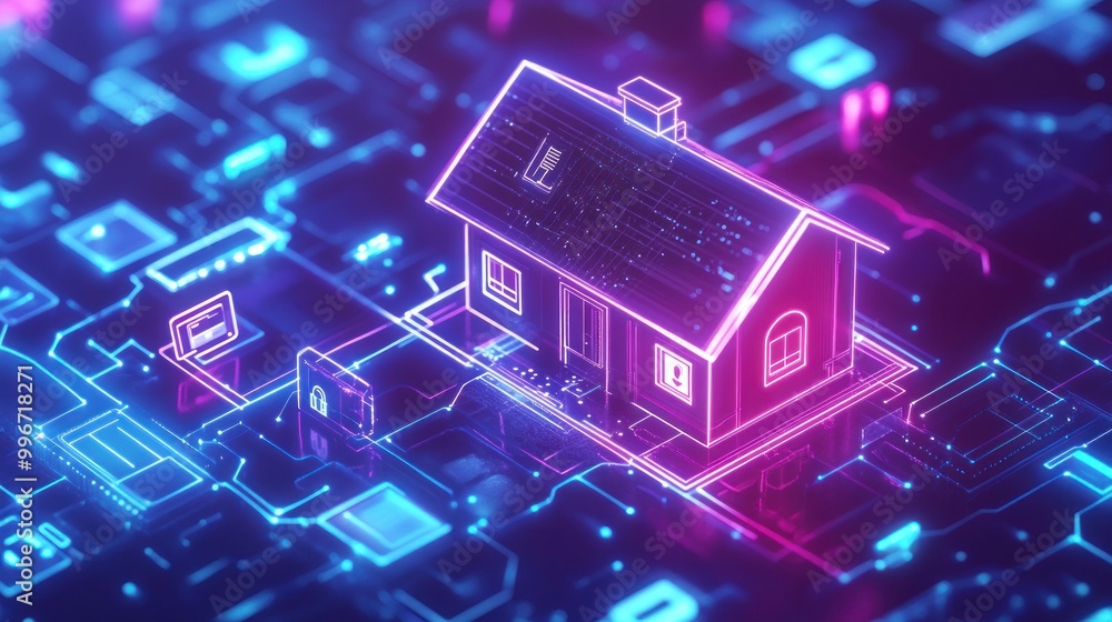 Poster a futuristic digital house model surrounded by glowing circuit patterns.