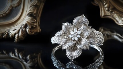 Obraz premium Captivating white gold floral ring with a regal multi petal flower design showcasing masterful botanical metalwork and dazzling diamond highlights Crafted with exceptional artisan skill