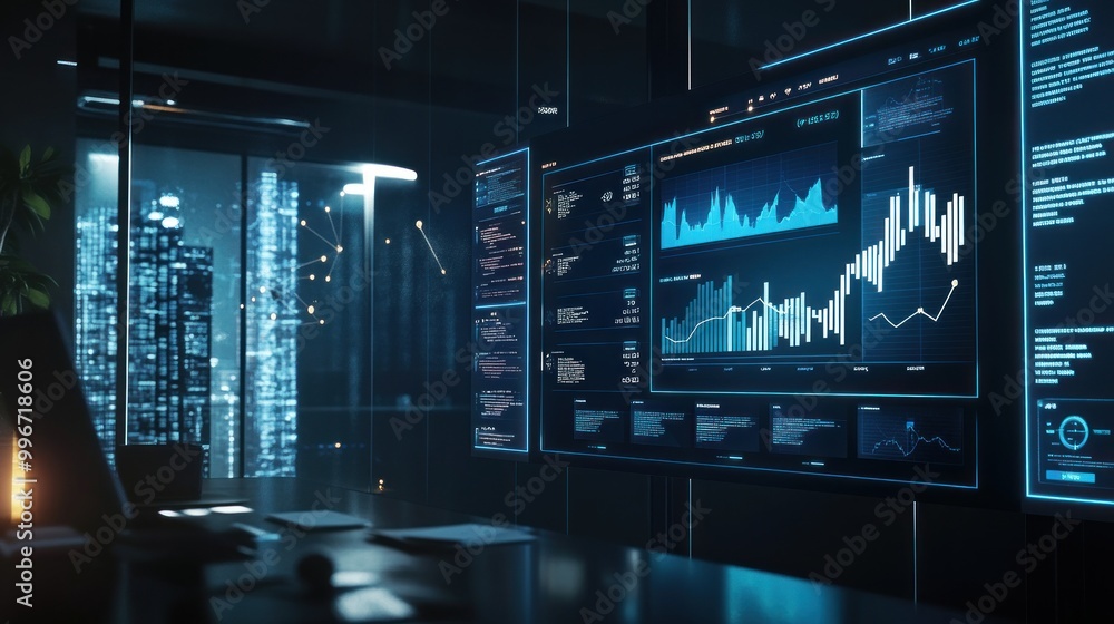 Poster a modern workspace featuring data analytics and financial graphs on digital screens.
