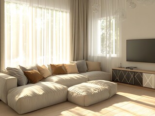 Fototapeta premium Cozy and inviting 3D rendered modern living room with a large comfortable sectional sofa minimalist stylish decor accent pillows natural light filtering through sheer curtains geometric media console