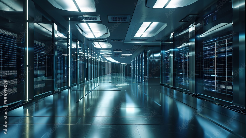 Poster a futuristic data center with advanced cooling systems and a modern design