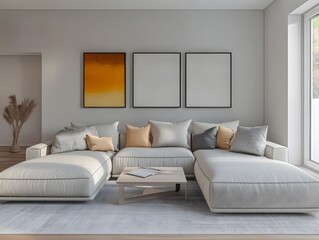 Fototapeta premium Cozy and Inviting 3D Rendered Modern Living Room with Large Comfortable Sectional Sofa Minimalist Stylish Decor and Bright Accent Wall with Contemporary Artwork Adding Visual Interest