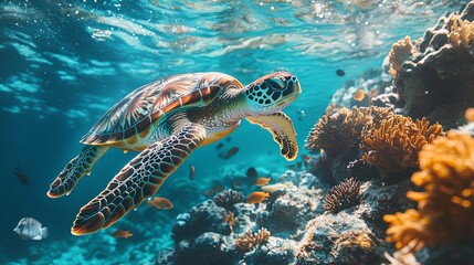 Fototapeta premium Sea Turtle Swimming Through Coral Reef in Clear Blue Water