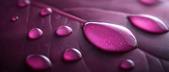  A purple leaf with dewdrops on its surface against a pink backdrop ..Or, for a more descriptive version: An up