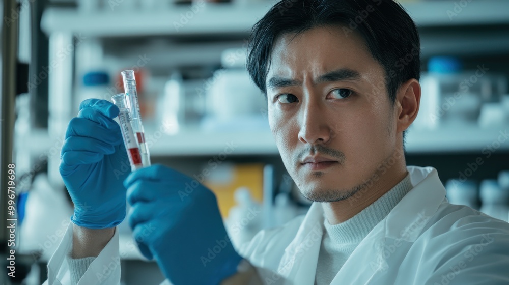 Poster a scientist in a lab examines a test tube with a serious expression.