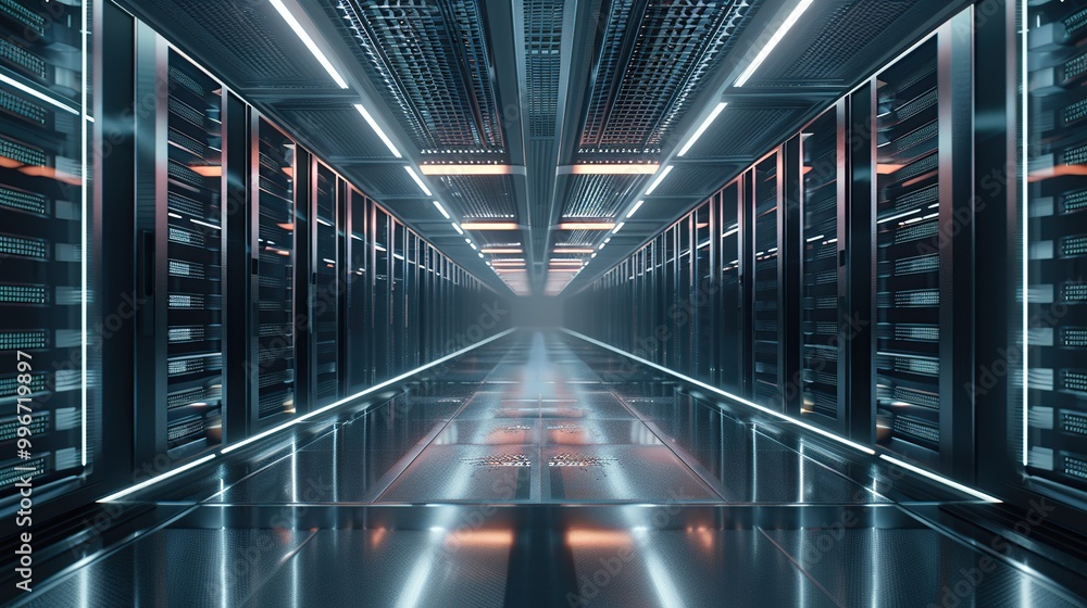 Poster a futuristic data center with advanced cooling systems and a modern design