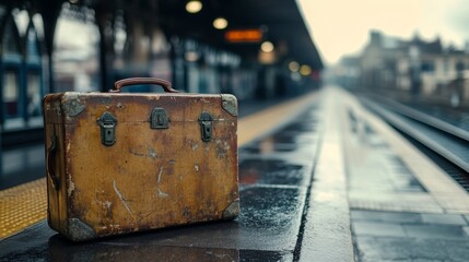 Vintage Suitcase on Train Station Platform