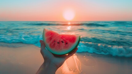 A hand holding a slice of fresh watermelon against a vibrant sunset over the ocean waves on a serene beach