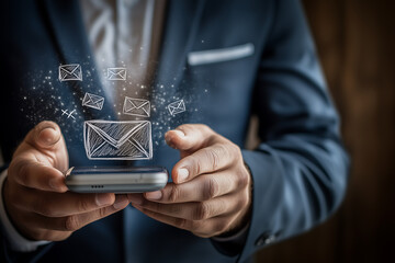 Hand of a man in a suit using a mobile phone. There are message symbols above the mobile phone