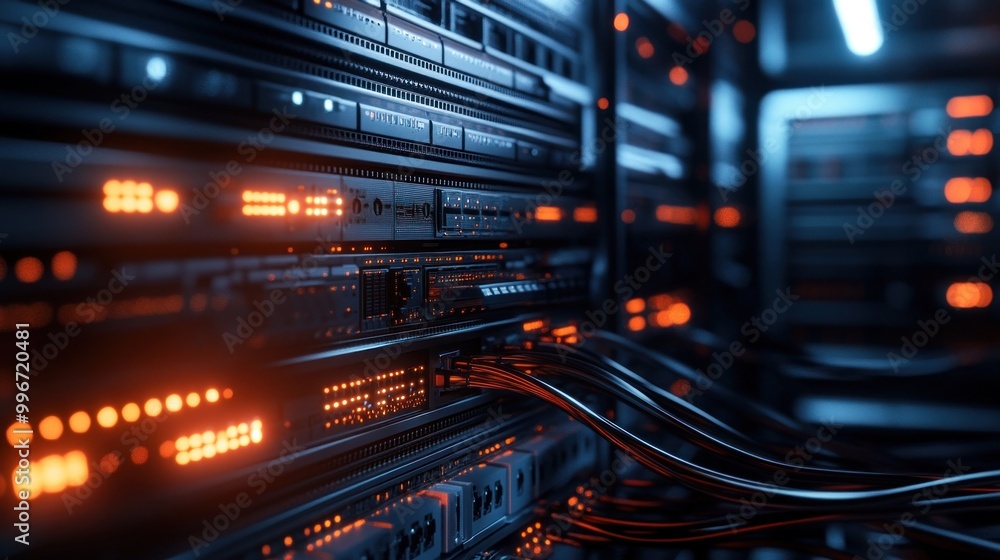Poster a close-up view of server racks with illuminated indicators and cables, showcasing technology infras