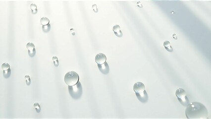 白い背景の上に輝く光を乱反射したクリアな水の雫　Clear water drops with diffused reflection of shining light on a white background