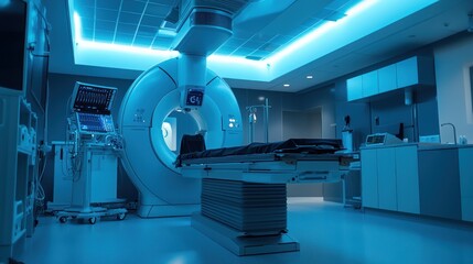 Radiation treatment room setup with equipment targeting a brain tumor.