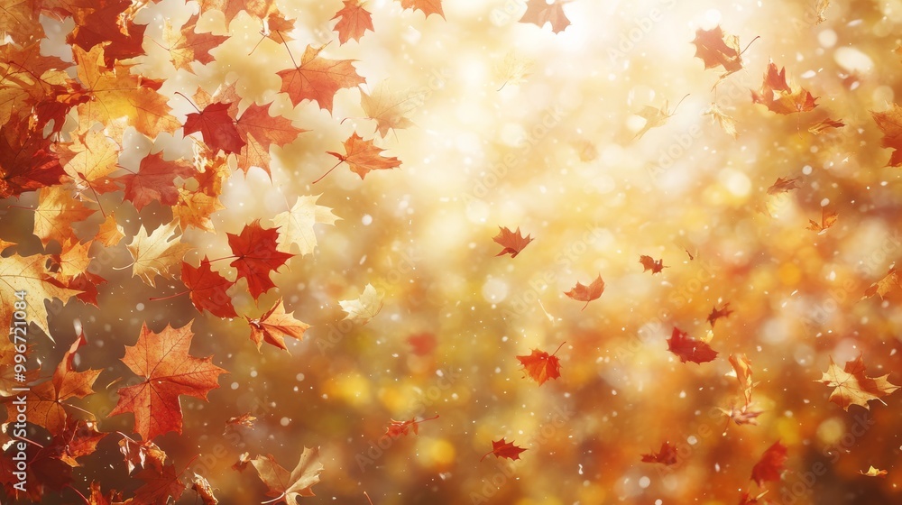 Aufkleber colorful maple leaves drift down from above, creating a vibrant display against a backdrop of soft g