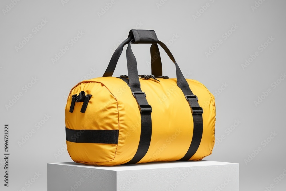 Wall mural yellow travel duffel bag with black straps and zipper on a white platform.