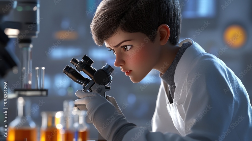 Poster a young scientist examines samples through a microscope in a laboratory setting.