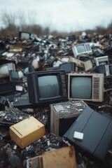 A large pile of discarded televisions and electronics littered across an outdoor junkyard