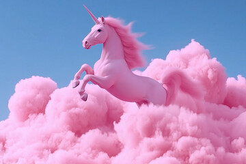 A pink unicorn jumping on pink fluffy clouds