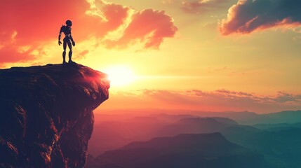 Obraz premium A robotic figure stands on a cliff during a vibrant sunset, symbolizing exploration and solitude.