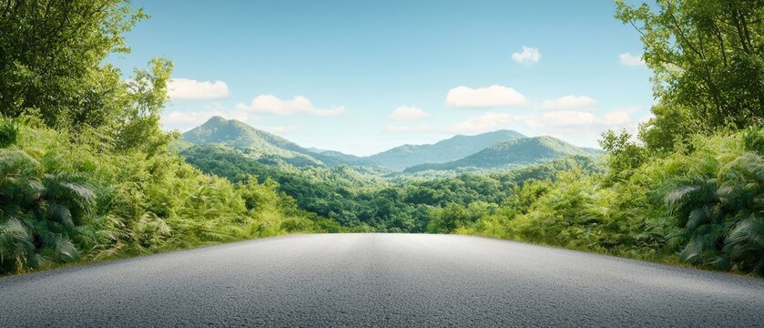  A forested pathway bordered by mountains and trees on both sides, the road stretching emptily before you