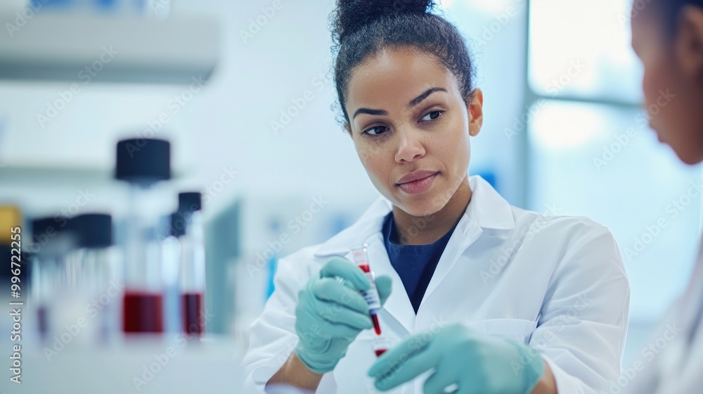 Poster a scientist in a lab coat conducts an experiment with a pipette and test tubes.