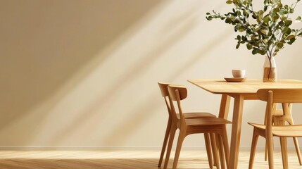Bright and minimalistic dining area featuring wooden furniture, a table, chairs, and a plant in soothing natural light.