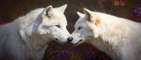 Obraz premium Two white dogs stand side by side in front of a floral wall, adorned with purple rose blooms