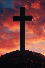 Cross on a hill with dramatic sunset