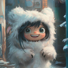 A cartoon character with a white fur coat and a smile on its face