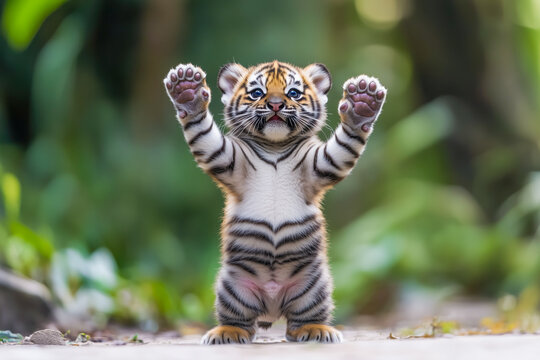 A tiger cub stands on its hind legs, its paws lifted.
