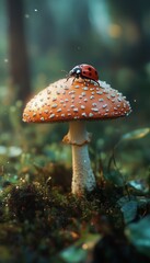  A ladybug atop a mushroom in a verdant forest - its surrounding teeming with green and brown foliage