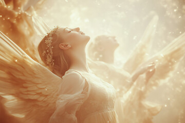 Angels singing in heavenly light with golden glow