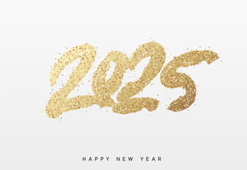Happy New Year written number golden glitter 2025. Gold glittered 2025 text in a bold, hand painted style on a white background. Vector illustration