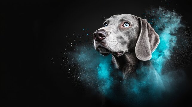  A tight shot of a dog's expression against a black backdrop, encircled by swirling blue and green particles