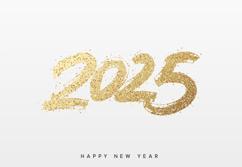 Happy New Year written number golden glitter 2025. Gold glittered 2025 text in a bold, hand painted style on a white background. Vector illustration