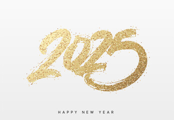Happy New Year written number golden glitter 2025. Gold glittered 2025 text in a bold, hand painted style on a white background. Vector illustration
